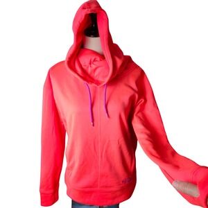 The North Face Pullover Hoodie Women M Neon Coral Orange Cowl Funnel Neck Fleece